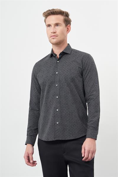 Siyah Uzun Kol Yarım İtalyan Yaka Cepsiz Pamuklu Classic Slim Fit Gömlek 1004245222