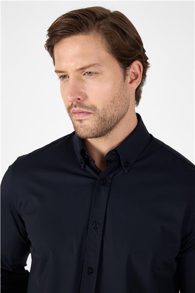 Siyah Uzun Kol Düğmeli Yaka Cepsiz Performans Ürün Slim Fit  Gömlek 1004250270