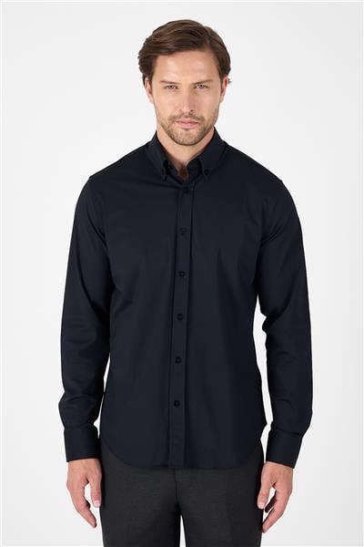 Siyah Uzun Kol Düğmeli Yaka Cepsiz Performans Ürün Slim Fit  Gömlek 1004250270