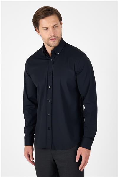 Siyah Uzun Kol Düğmeli Yaka Cepsiz Performans Ürün Slim Fit  Gömlek 1004250270