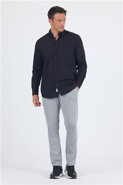 Siyah Uzun Kol Düz Armür Oval Yaka Casual Comfort Fit Gömlek 1004250249