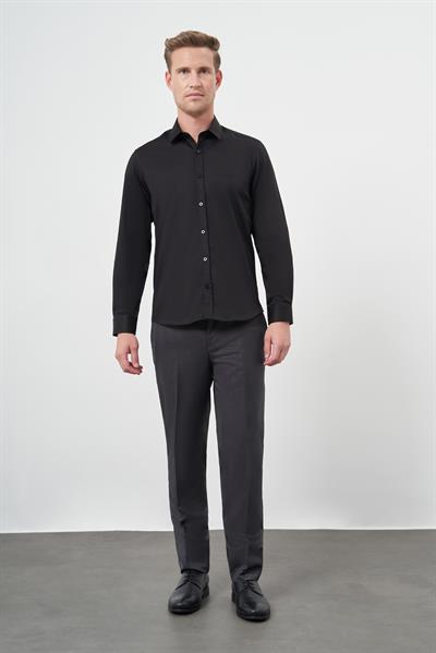 Siyah Uzun Kol Düz Bez Ayağı 032 Sert Yaka Classic Slim Fit Gömlek 1004245324