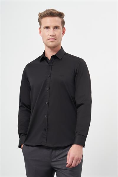 Siyah Uzun Kol Düz Bez Ayağı 032 Sert Yaka Classic Slim Fit Gömlek 1004245324
