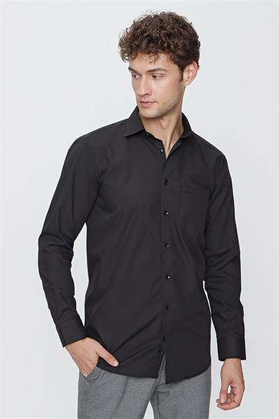 Siyah Uzun Kol Düz Bez Ayağı 041 Sert Yaka Basic Comfort Fit Gömlek 1004245051