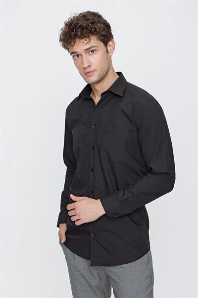 Siyah Uzun Kol Düz Bez Ayağı 041 Sert Yaka Basic Comfort Fit Gömlek 1004245051