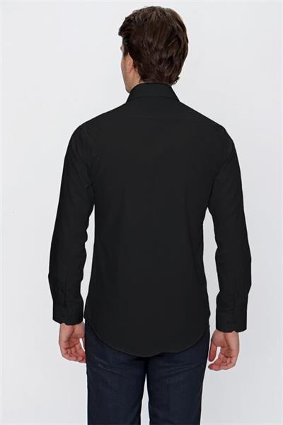 Siyah Uzun Kol Düz Bez Ayağı 041 Sert Yaka Basic Slim Fit Gömlek 1004245057