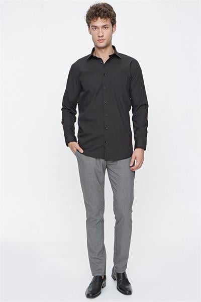 Siyah Uzun Kol Düz Bez Ayağı 041 Sert Yaka Basic Comfort Fit Gömlek 1004245051