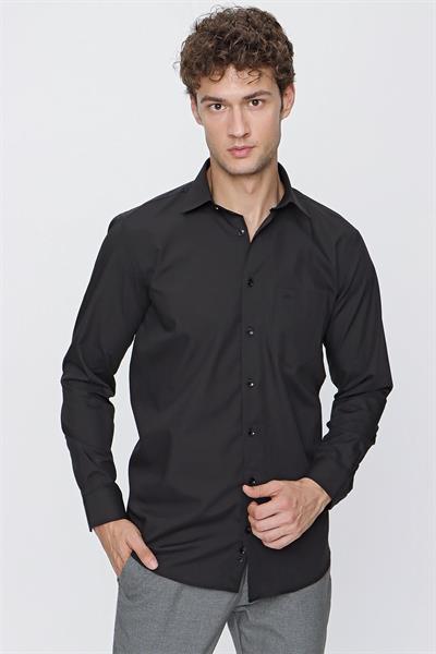 Siyah Uzun Kol Düz Bez Ayağı 041 Sert Yaka Basic Comfort Fit Gömlek 1004245051