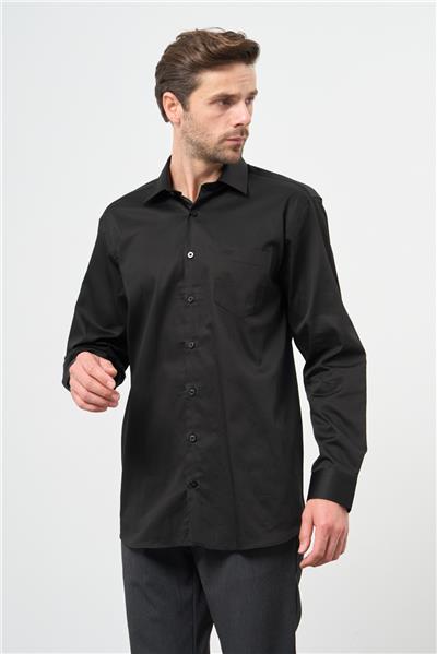 Siyah Uzun Kol Düz Bez Ayağı 041 Sert Yaka Classic Comfort Fit Gömlek 1004245323