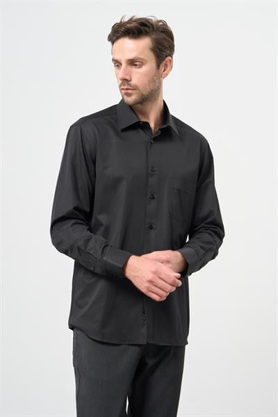Siyah Uzun Kol Düz Sert Yaka Pamuklu Classic Comfort Fit Gömlek 1004245269