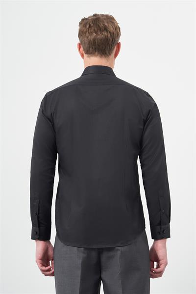 Siyah Uzun Kol Düz Bez Ayağı Sert Yaka Cepsiz Pamuklu Classic Slim Fit Gömlek 1004245267