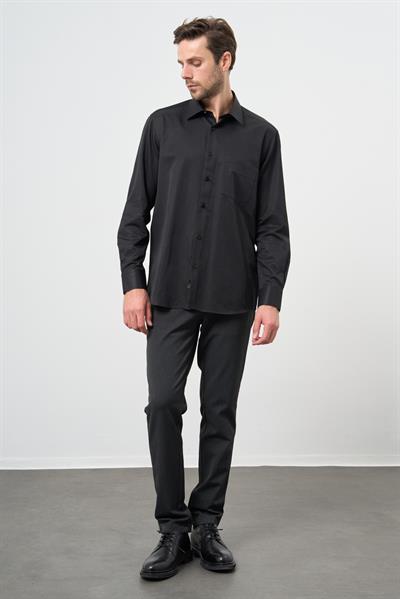 Siyah Uzun Kol Düz Sert Yaka Pamuklu Classic Comfort Fit Gömlek 1004245269