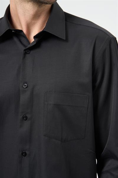 Siyah Uzun Kol Düz Sert Yaka Pamuklu Classic Comfort Fit Gömlek 1004245269
