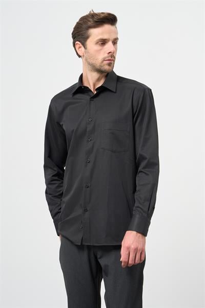 Siyah Uzun Kol Düz Sert Yaka Pamuklu Classic Comfort Fit Gömlek 1004245269