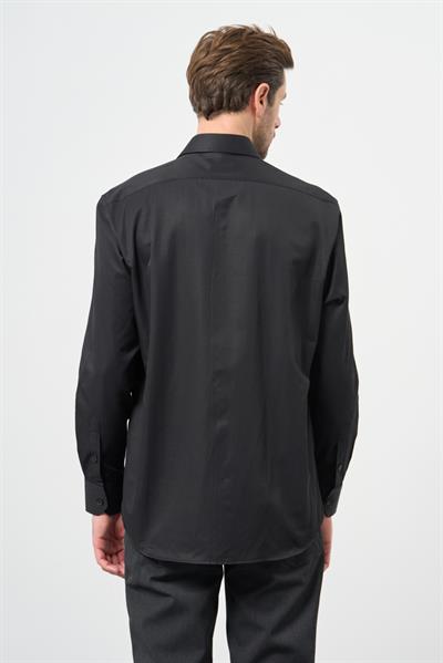 Siyah Uzun Kol Düz Sert Yaka Pamuklu Classic Comfort Fit Gömlek 1004245269
