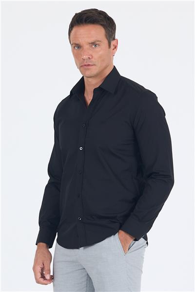 Uzun Kol Düz Bez Ayağı Sert Yaka Cepsiz Pamuklu Basic Slim Fit Gömlek 1004250057