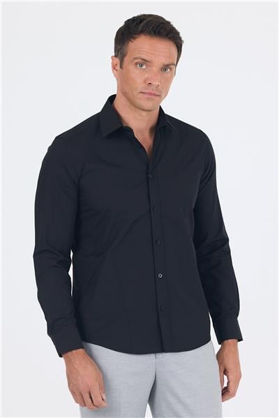 Uzun Kol Düz Bez Ayağı Sert Yaka Cepsiz Pamuklu Basic Slim Fit Gömlek 1004250057