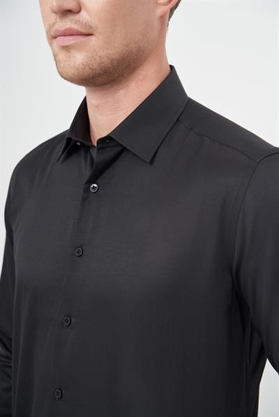 Siyah Uzun Kol Düz Bez Ayağı Sert Yaka Cepsiz Pamuklu Classic Slim Fit Gömlek 1004245267