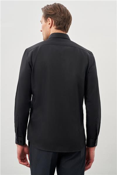 Siyah Uzun Kol Düz Bez Ayağı Yarım İtalyan Yaka Cepsiz Pamuklu Classic Slim Fit Gömlek 1004245268