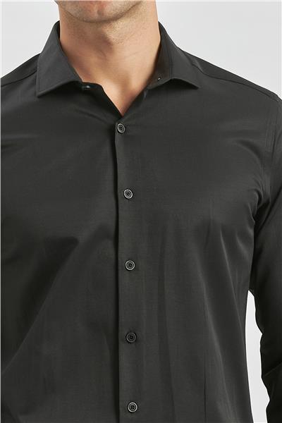 Siyah Uzun Kol Düz Bez Ayağı Yarım İtalyan Yaka Classic Slim Fit Gömlek 1004240268