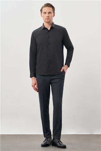 Siyah Uzun Kol Düz Bez Ayağı Yarım İtalyan Yaka Cepsiz Pamuklu Classic Slim Fit Gömlek 1004245268