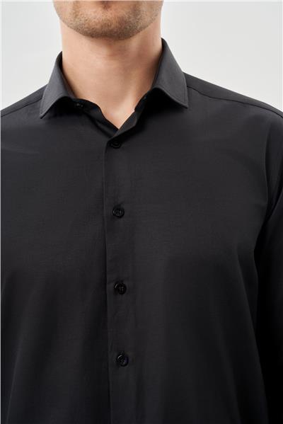 Siyah Uzun Kol Düz Bez Ayağı Yarım İtalyan Yaka Cepsiz Pamuklu Classic Slim Fit Gömlek 1004245268