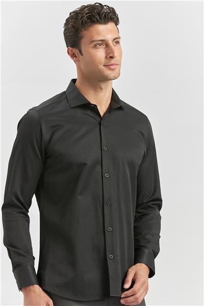 Siyah Uzun Kol Düz Bez Ayağı Yarım İtalyan Yaka Classic Slim Fit Gömlek 1004240268