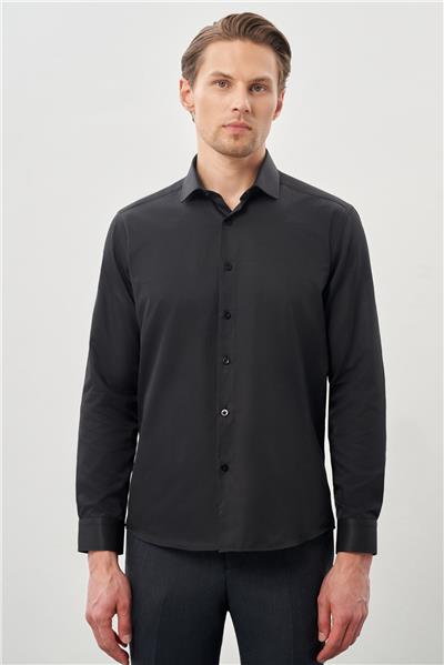 Siyah Uzun Kol Düz Bez Ayağı Yarım İtalyan Yaka Cepsiz Pamuklu Classic Slim Fit Gömlek 1004245268