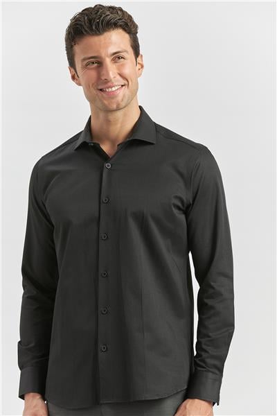 Siyah Uzun Kol Düz Bez Ayağı Yarım İtalyan Yaka Classic Slim Fit Gömlek 1004240268