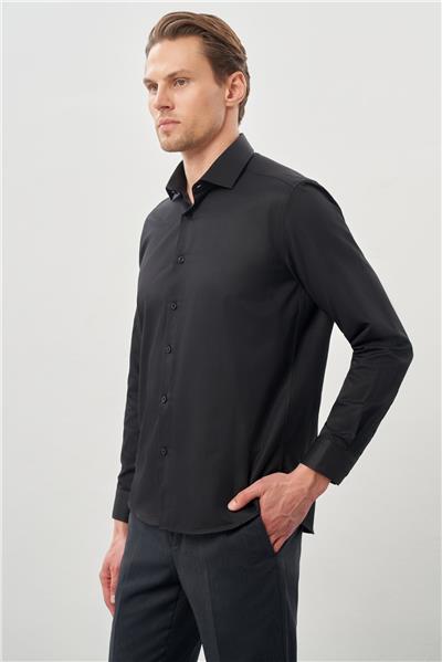 Siyah Uzun Kol Düz Bez Ayağı Yarım İtalyan Yaka Cepsiz Pamuklu Classic Slim Fit Gömlek 1004245268