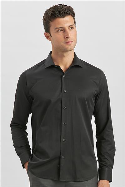 Siyah Uzun Kol Düz Bez Ayağı Yarım İtalyan Yaka Classic Slim Fit Gömlek 1004240268
