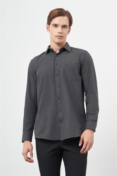 Siyah Uzun Kol Düz Gabardin Sert Yaka Cepli Pamuklu Classic Comfort Fit Gömlek 1004245168