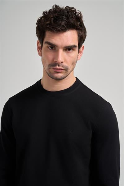 Siyah Uzun Kol Düz Örme Bisiklet Yaka Cepsiz Pamuklu Sweatshirt