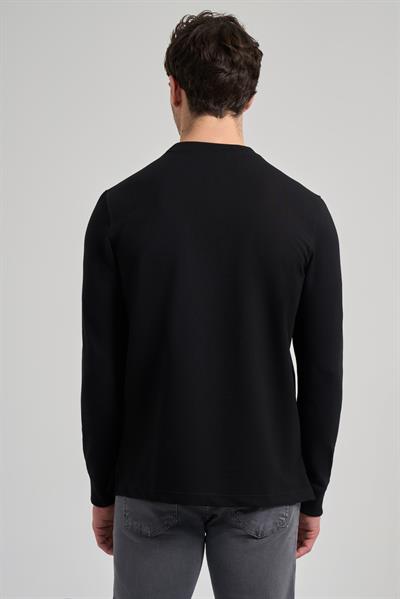 Siyah Uzun Kol Düz Örme Bisiklet Yaka Cepsiz Pamuklu Sweatshirt