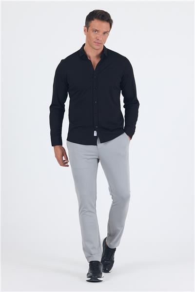 Siyah Uzun Kol Düz Örme Polo Yaka Cepsiz Esnek Classic Slim Fit Gömlek 1004250153_001