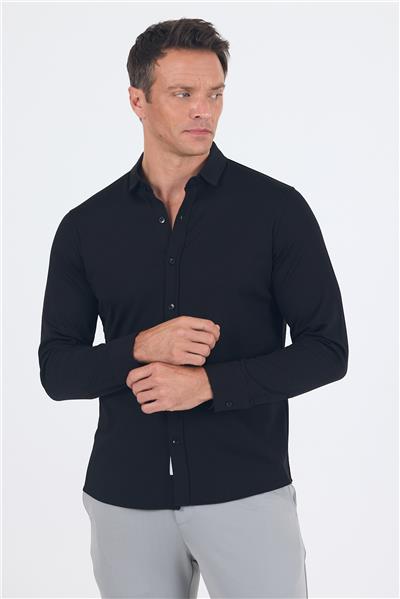 Siyah Uzun Kol Düz Örme Polo Yaka Cepsiz Esnek Classic Slim Fit Gömlek 1004250153_001