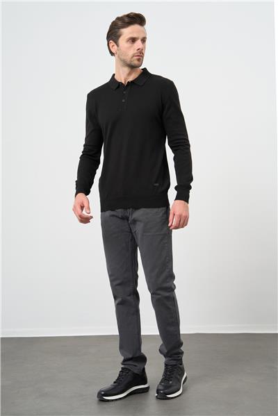 Siyah Uzun Kol Düz Örme Polo Yaka Classic Comfort Fit Triko 1012245007