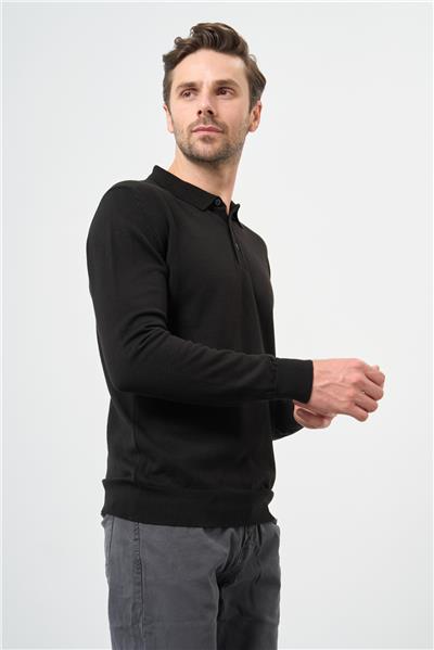 Siyah Uzun Kol Düz Örme Polo Yaka Classic Comfort Fit Triko 1012245007