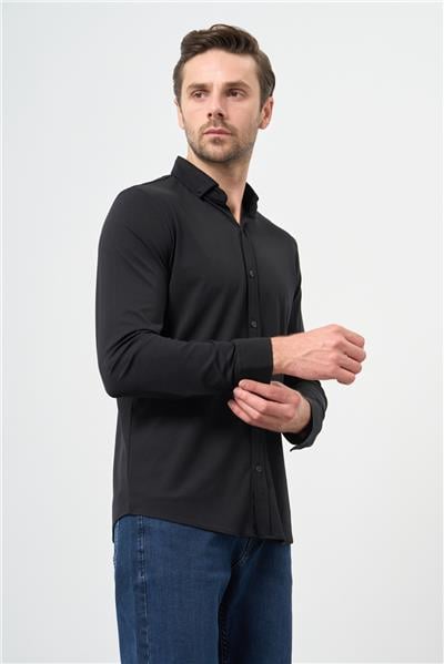 Siyah Uzun Kol Düz Örme Smart Düğmeli Yaka Classic Slim Fit Gömlek 1004245160
