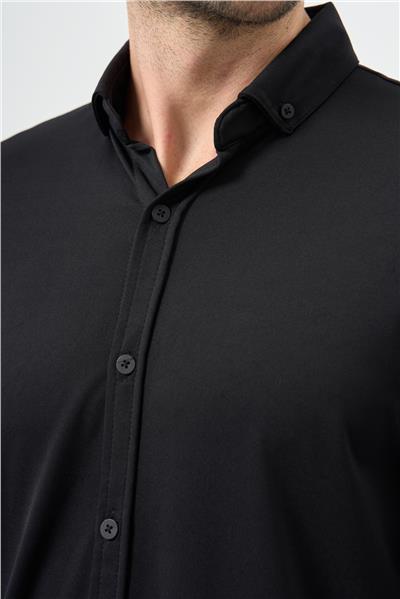 Siyah Uzun Kol Düz Örme Smart Düğmeli Yaka Classic Slim Fit Gömlek 1004245160