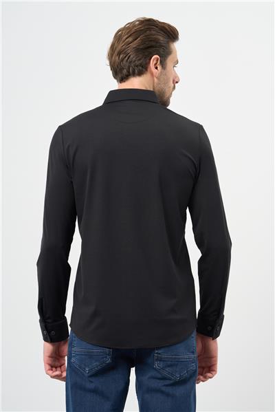 Siyah Uzun Kol Düz Örme Smart Düğmeli Yaka Classic Slim Fit Gömlek 1004245160