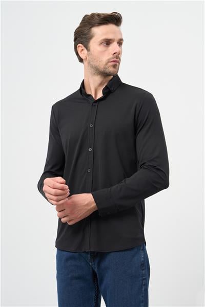 Siyah Uzun Kol Düz Örme Smart Düğmeli Yaka Classic Slim Fit Gömlek 1004245160