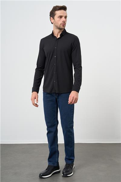 Siyah Uzun Kol Düz Örme Smart Düğmeli Yaka Classic Slim Fit Gömlek 1004245160