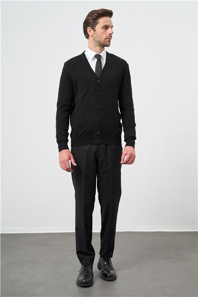 Siyah Uzun Kol Düz Örme V Yaka Classic Comfort Fit Triko 1012245016