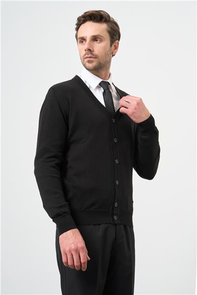 Siyah Uzun Kol Düz Örme V Yaka Classic Comfort Fit Triko 1012245016