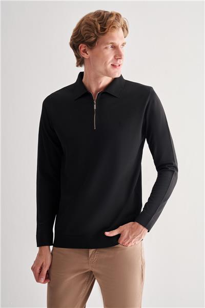 Siyah Uzun Kol Fermuarlı Yaka Cepsiz  Slim Fit  Triko 1012255150