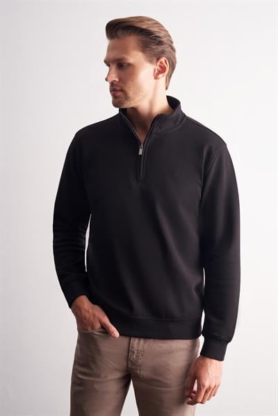 Siyah Uzun Kol Hakim Yaka Düz Pamuklu Comfort Fit Sweatshirt 1013255151