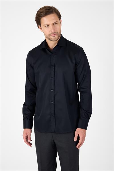 Siyah Uzun Kol İtalyan Yaka Cepsiz Non Iron Slim Fit %100 Pamuk Gömlek 1004250269