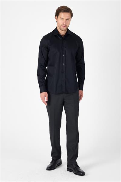 Siyah Uzun Kol İtalyan Yaka Cepsiz Non Iron Slim Fit %100 Pamuk Gömlek 1004250269