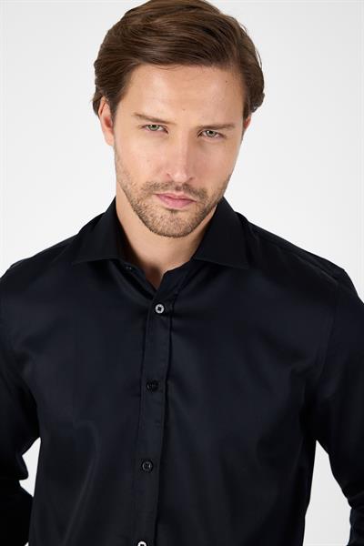 Siyah Uzun Kol İtalyan Yaka Cepsiz Non Iron Slim Fit %100 Pamuk Gömlek 1004250269